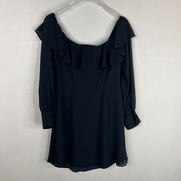 LPA Mini Dress 5 Size Medium Black Halter Neck Off The Shoulder Ruffle Georgette - Picture 8 of 14